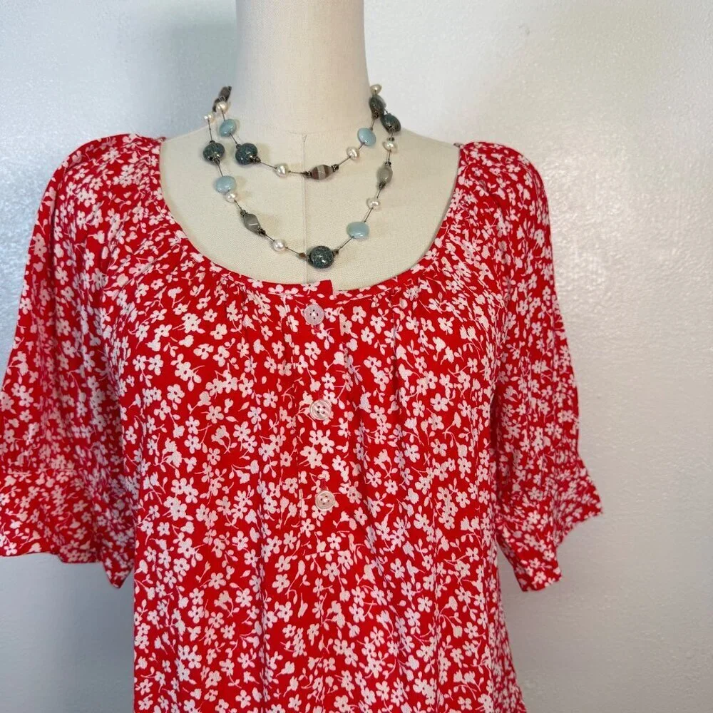 J.Crew Womens Red Floral Print Blouse XS Relaxed Fit Flowy Lightweight